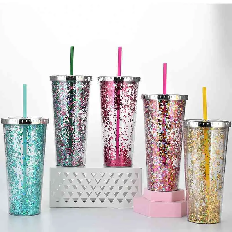 Portable Reusable PP Straw Cup Water Bottle Cup with straw Sequined Glitter  Drinking Cup Juice tumbler