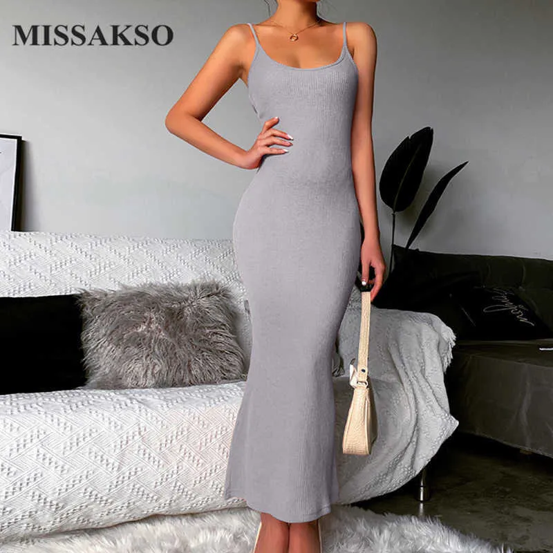 Missakso sommarkvinnor sjöjungfru midi klänning bodycon klubb elegant mantel fest sexig rygglös spaghetti rem klänningar solid grå röd 210625