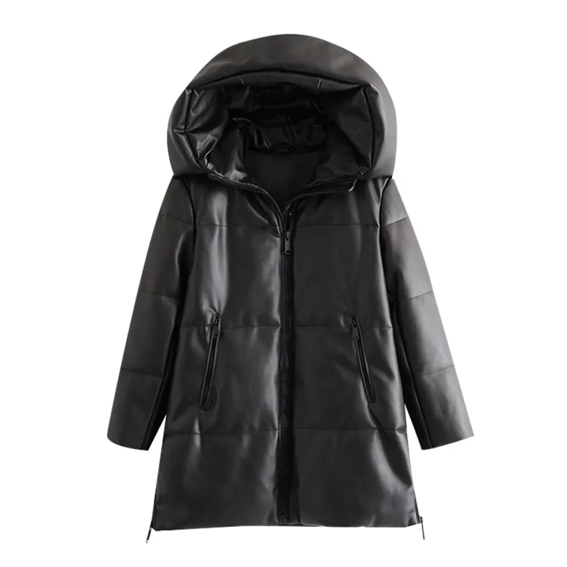 BBWM Frauen Winter Mode Dicke Warme Faux Leder Parkas Vintage Mit Kapuze Lange Ärmel Gepolsterte Jacke Weibliche Chic Mantel 210923