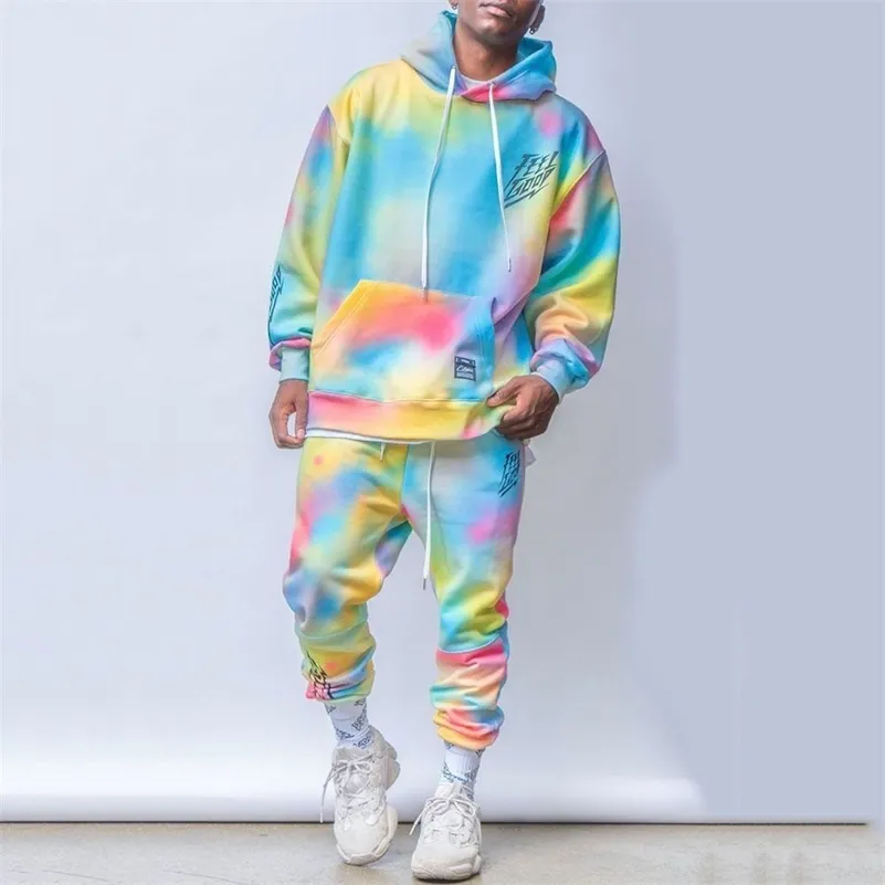 Oversized Tie Dye Sport Mens Hoodies Set Male Hooded Printed