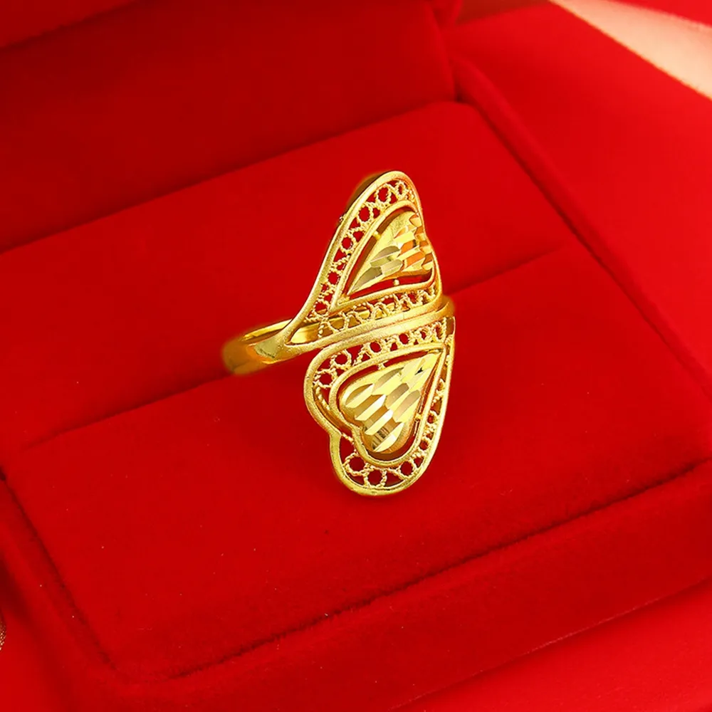 女性リングダブルハートデザイン18Kイエローゴールド充填結婚式の女性指のバンド