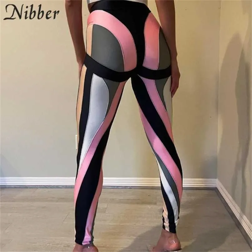 Nibber ネオンカラーブロッキング女性レギンスハイウエストストレッチスキニーストライプフィットネスパンツ一致女性ストリートスリムディール 211204