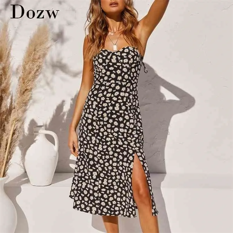 Sexy Spaghetti Strap Stampa floreale Vacanza Beach Dress Summer Split Backless Party Midi Women Sundresses Robe 210515