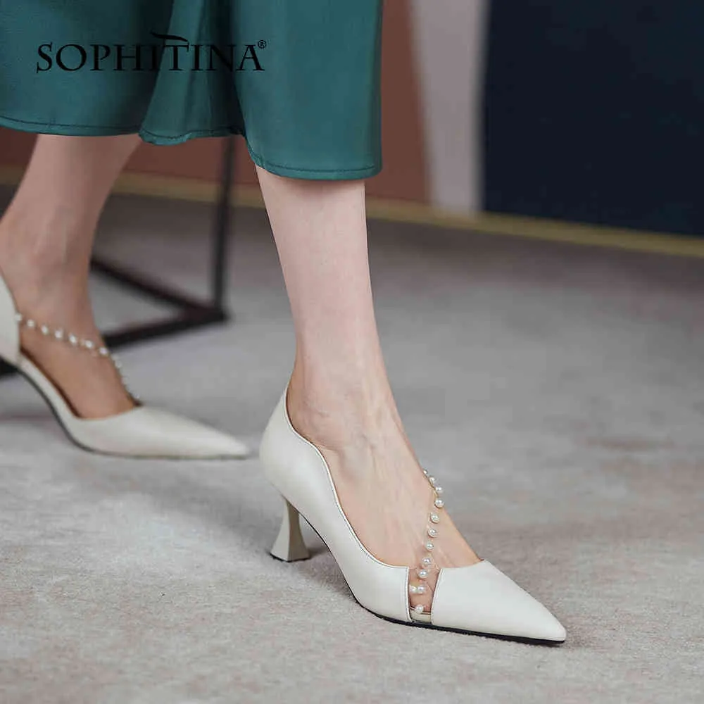 SOPHITINA High Heels Women Shoes Pumps Pearl Thin Genuine Leather Elegant Style Pointed Toe Spring String Bead Dress FO191 210513