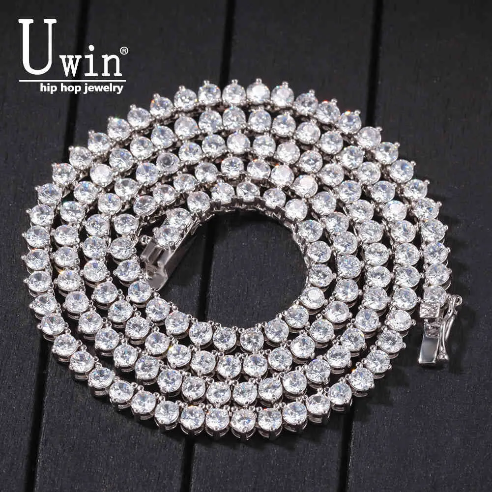 Uwin 4mm 3 Prong Tennis Chain Cubic Zircon Stone Iced Out Hip Hop Mens Bling Necklace 18inch 20inch 24inch X0509