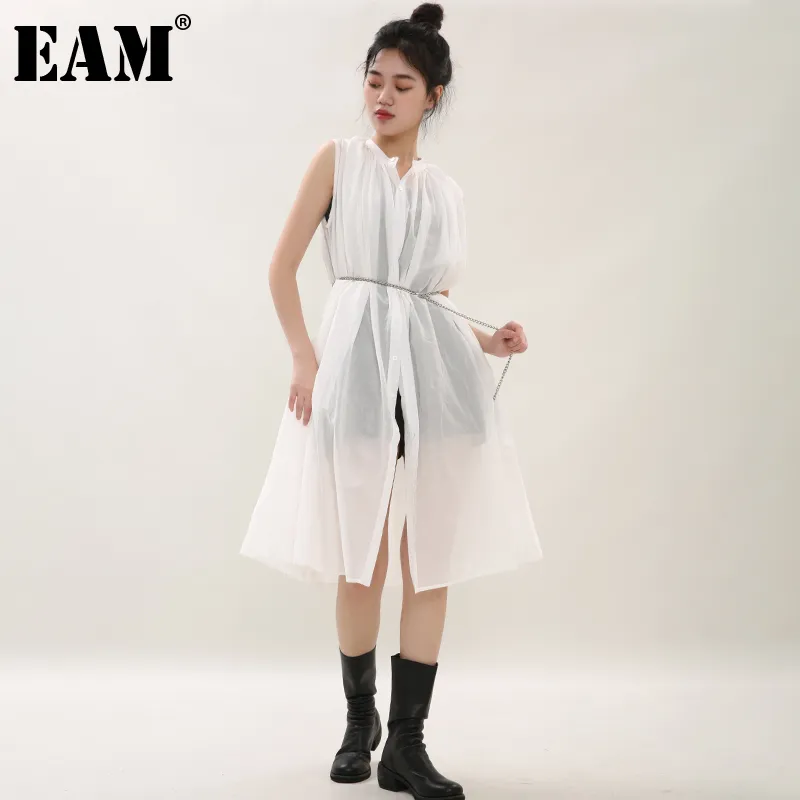 [EAM] printemps été col montant sans manches blanc Perspective ample mince grande taille robe femmes mode JU44400 210512
