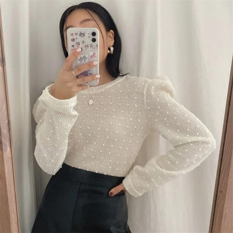 Höst Vinter All-Match Round Neck Polka Dot Sweater Kvinnor Varm Chic Koreansk Puff Sleeve Bottoming Pullovers Kvinna UK994 210506