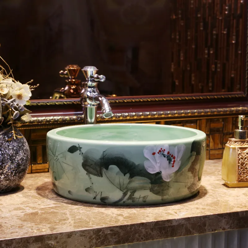 Фарфоровая гардеробная круглая умывальник бассейна Lavabo Counter верхняя часть черного раковина ванная комната ручная краска искусства умывальник шампунь чаша раковина