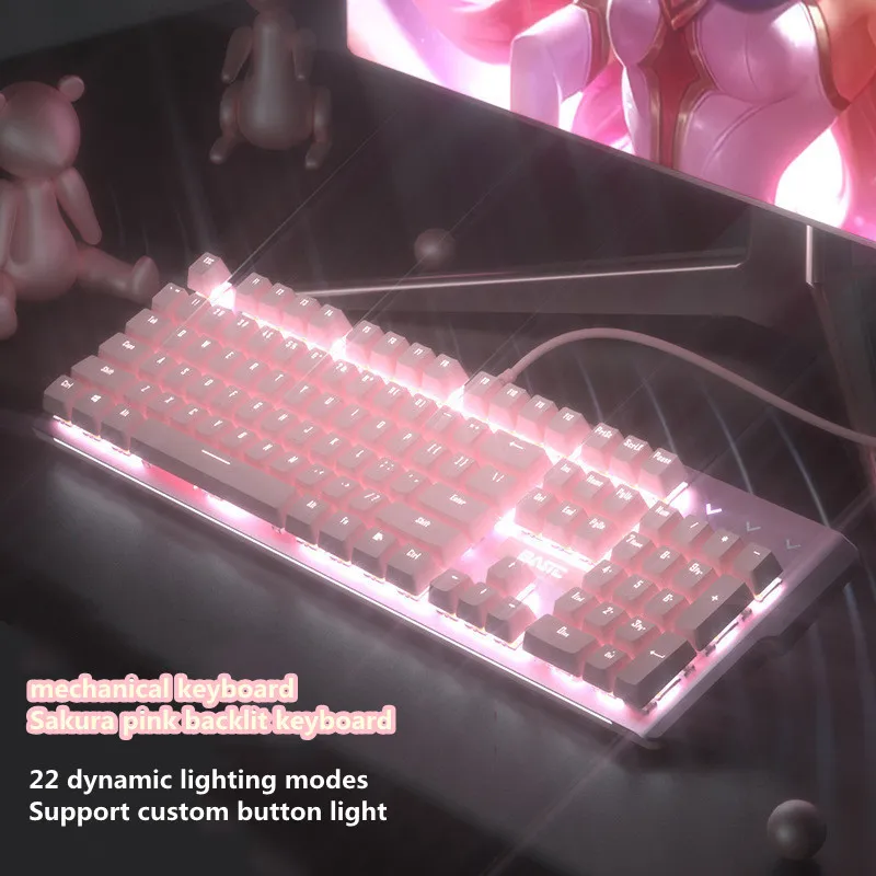 Ny Girly Pink Gaming Mechanical Wired Keyboard 104-Key USB-gränssnitt Vit bakgrundsbelysning är lämpliga spelare PC-bärbara datorer