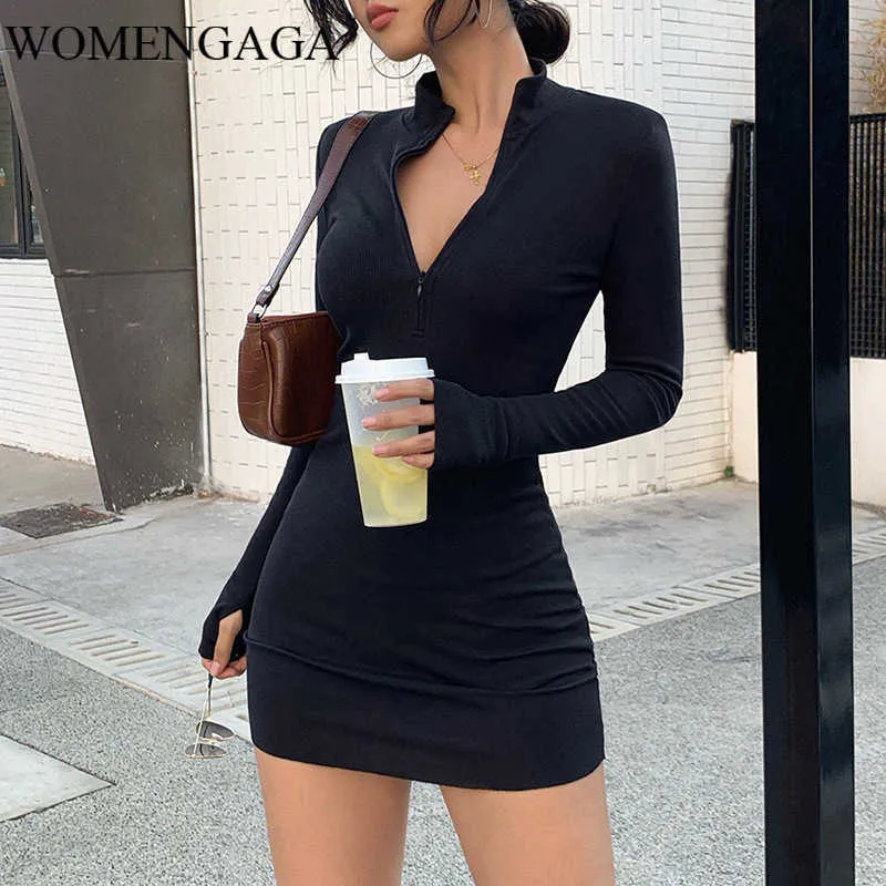 womengaga الخريف الشتاء أزياء المرأة كاملة الأكمام سستة rturtleneck غمد ضئيلة كل مباراة مصغرة مثير اللباس wloa 210603