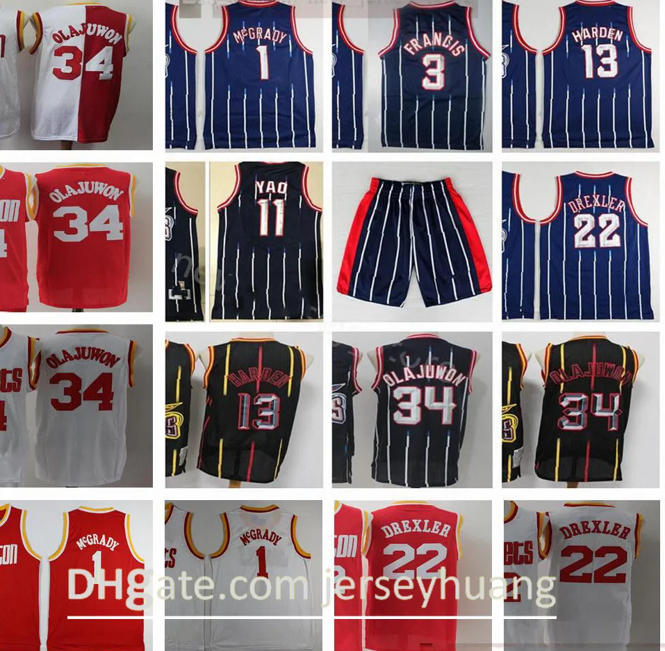 Yeni Retro Basketbol James 13 Sertleştirilmiş Formalar Dikişli Vintage Hakeem 34 Olajuwon Tracy Steve 22 Drexler 1 McGrady 3 Francis Yao Clyde 11 Ming