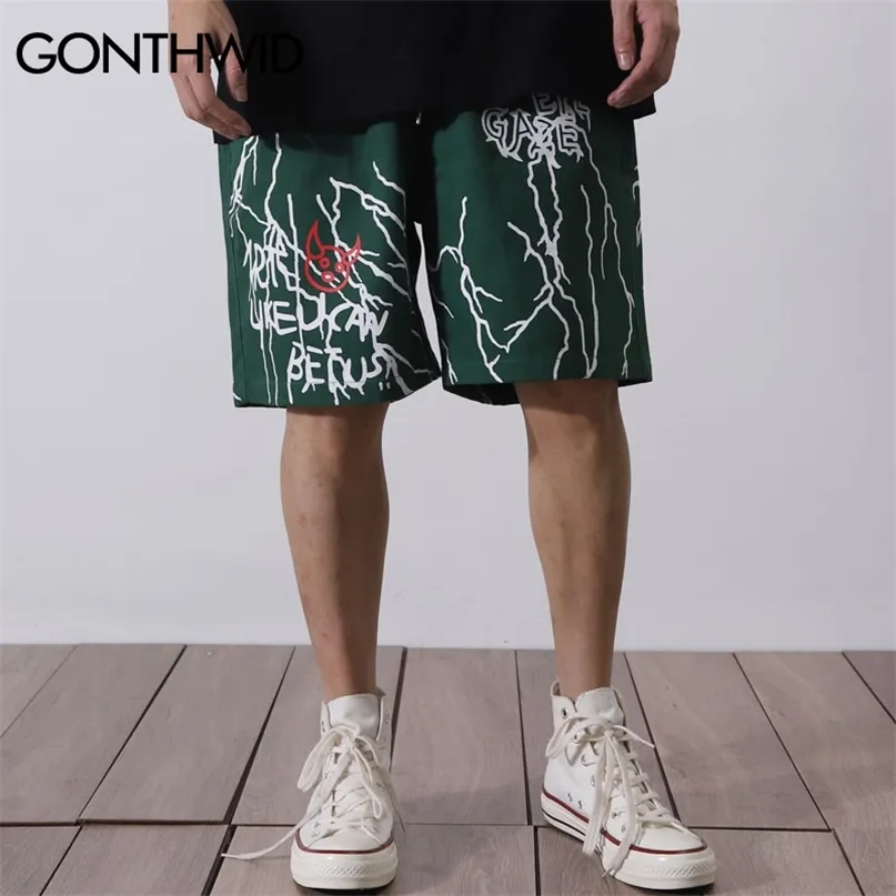Gonthwid Harajuku Graffiti Imprimir Shorts Hip Hop Casual Bolsos Baggy Calças Curtas Calças Streetwear Homens Verão Moda Calças 210713