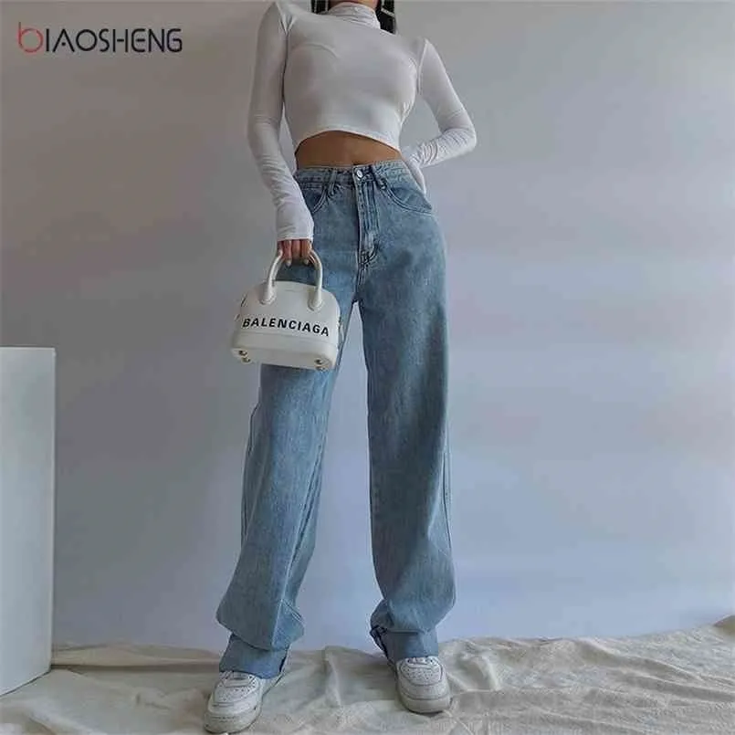 Calças femininas Jeans mulher cintura alta largo largo mom oversize feminino streetwear calça feminina perna reta 210809