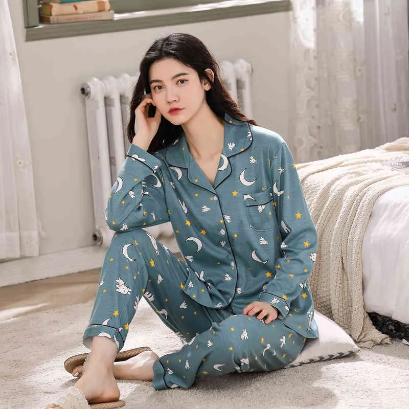 Kvinnors Pajamas Set Långärmad Byxor Hem Pijima Lös två-delad kostym för hemmet Sleepwear Tryckt Loose Kvinna PJS Set 3XL X0526