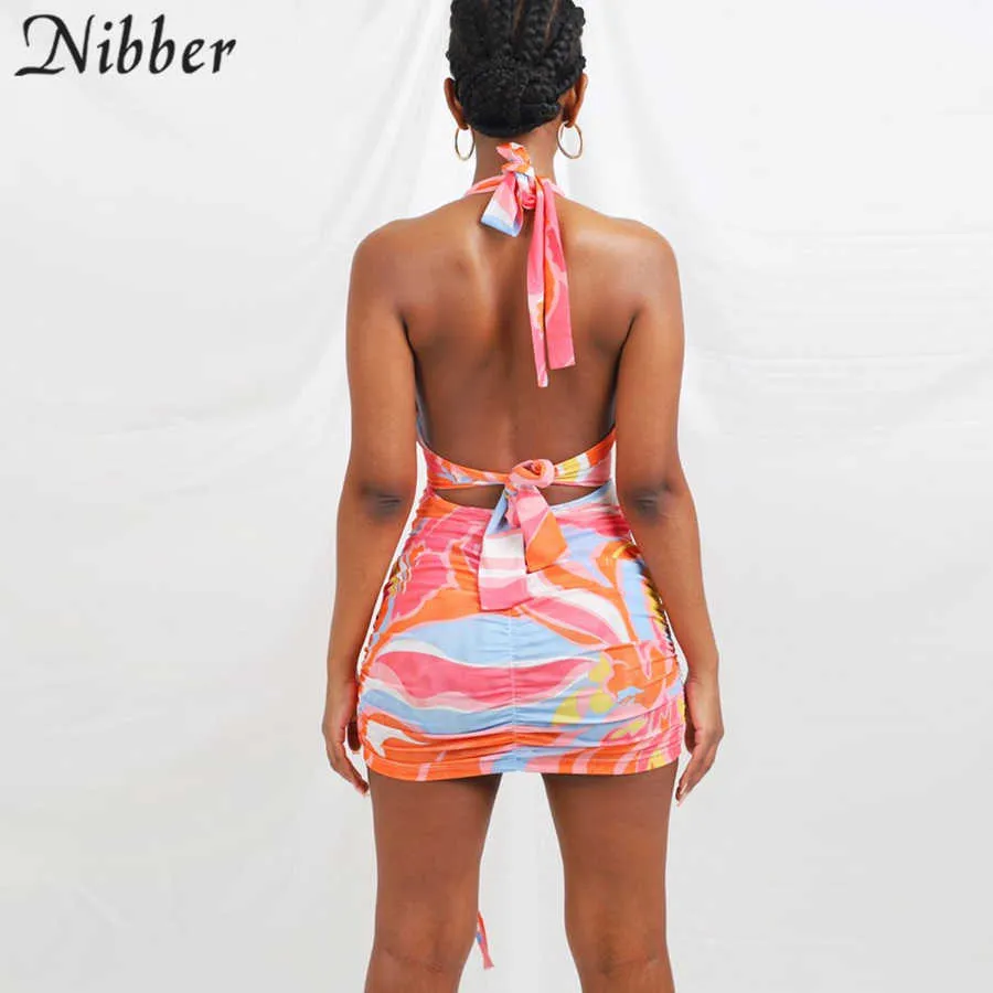 Nibber Y2k Retro Print Mini Dress Femmes Sexy Bandage Sans Manches Dos Nu Robes Moulantes Summer Beach Vacation Party Clubwear Y0823