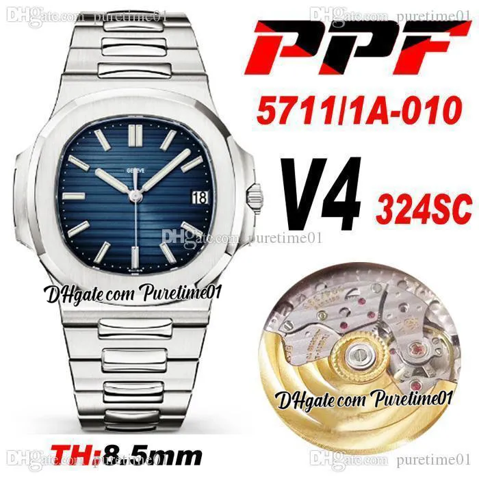 PPF V4 5711-1A-010 A324SC PP324SC Automatisk herrklocka D-Blue Texture Dial Stick Markers Rostfritt stålarmband 8.5mm tjocklek Super Edition Puretime A1