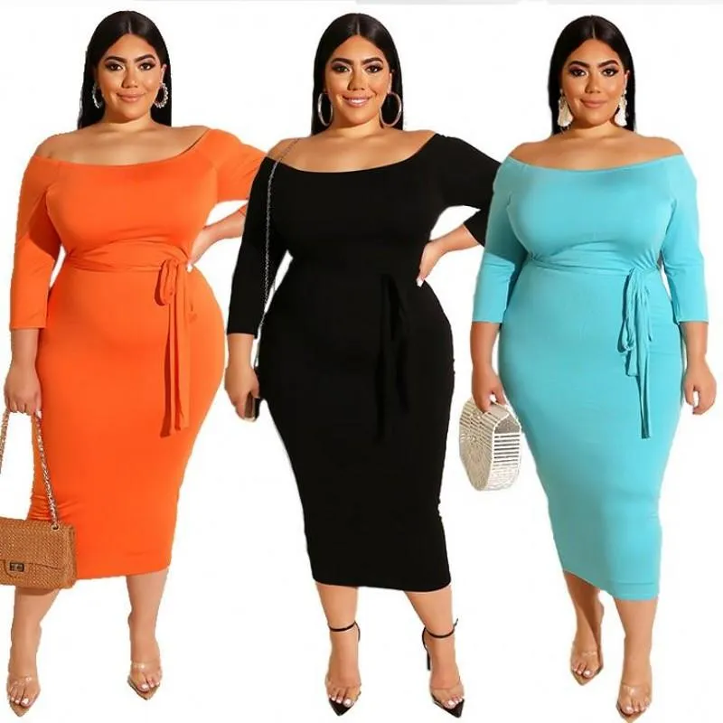 Dorywczo Sukienki Lato Spadek Solid Plus Size Kobiety Dress Slash Neck Długie Rękawy Rozciągliwe Mid Calf Bodycon na imprezowy klub nocny