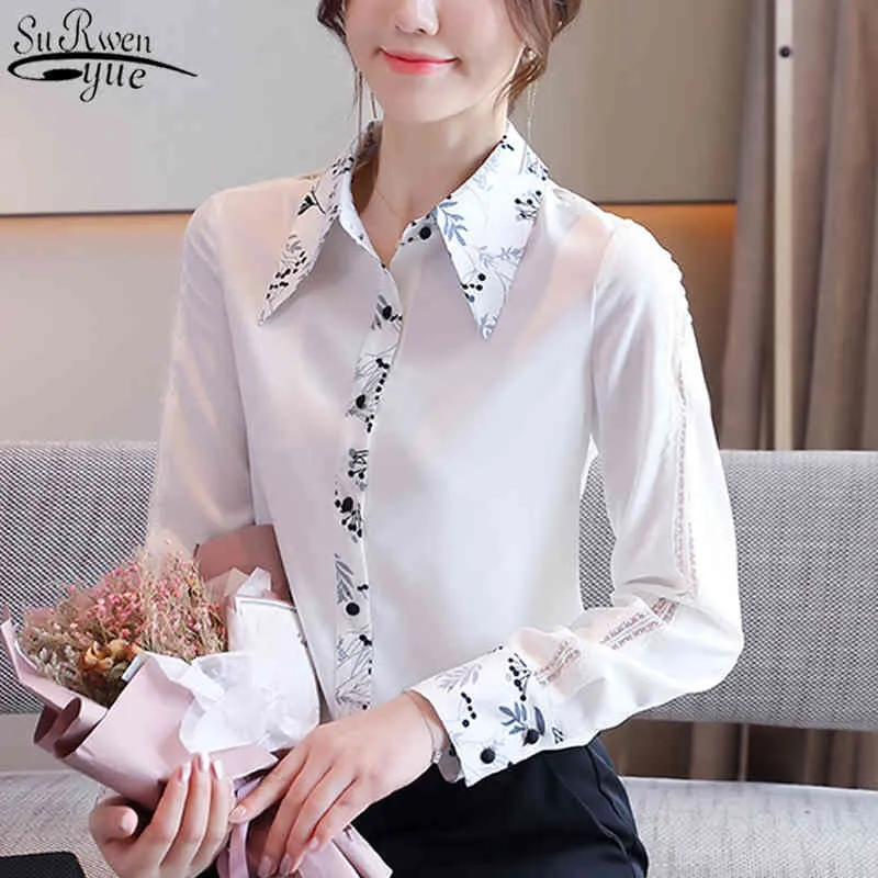 Style White Long Sleeve Women's Blouse Autumn Lapel Chiffon Shirt Korean OL Cardigan Feminine Blusas Mujer 11405 210427