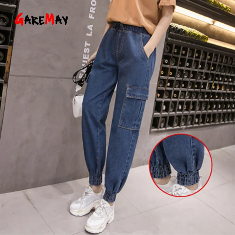 Frühling Blau Hohe Taille Cargo Jeans Plus Größe Strahl Fuß Hosen Streetwear Elastische Lose Boyfriend-Hose 210428