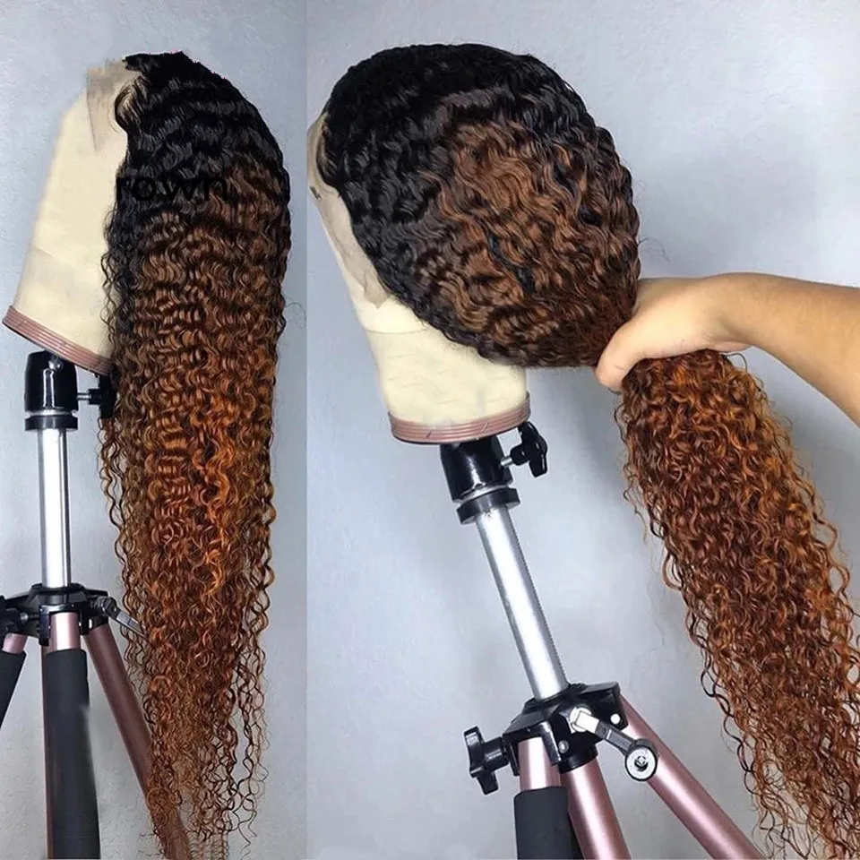 Peruca profunda crespa encaracolada cheia de renda frontal cabelo humano ombre marrom cor perucas sintéticas para mulheres negras