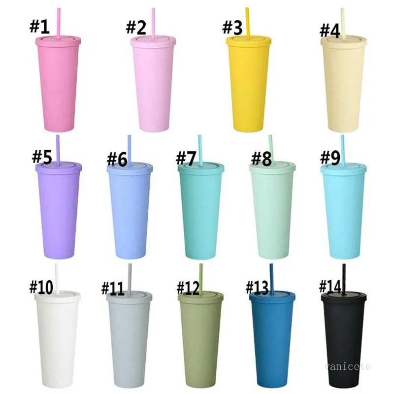 22oz مزدوجة الجدران mattetumblers resuable الباستيل لون الماء القدح الباستيل الملونة أكريليك أكواب القش البحر إرسال T9I001199