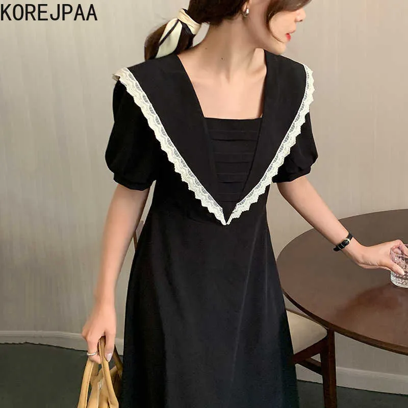 Korjpaa Kvinnor Klänning Koreansk Fashion Chic Fransk Elegant Lapel Lace Stitching Back Hollow Bubble Sleeve Long Vestido Kvinna 210526