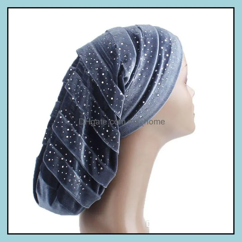 New fashion diamante velvet ruffle turban dreadlock sleeping cap Beany Slouch Cap Bandana Hair Loss Bonnet Tube cap 6 colors