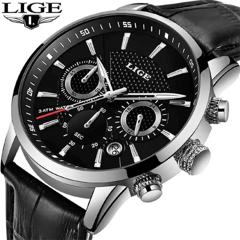 Ligeファッションメンズウォッチトップブランド高級防水ミリタリークロノグラフスポーツクォーツ腕時計メンズ時計オスReloj Hombre 210329