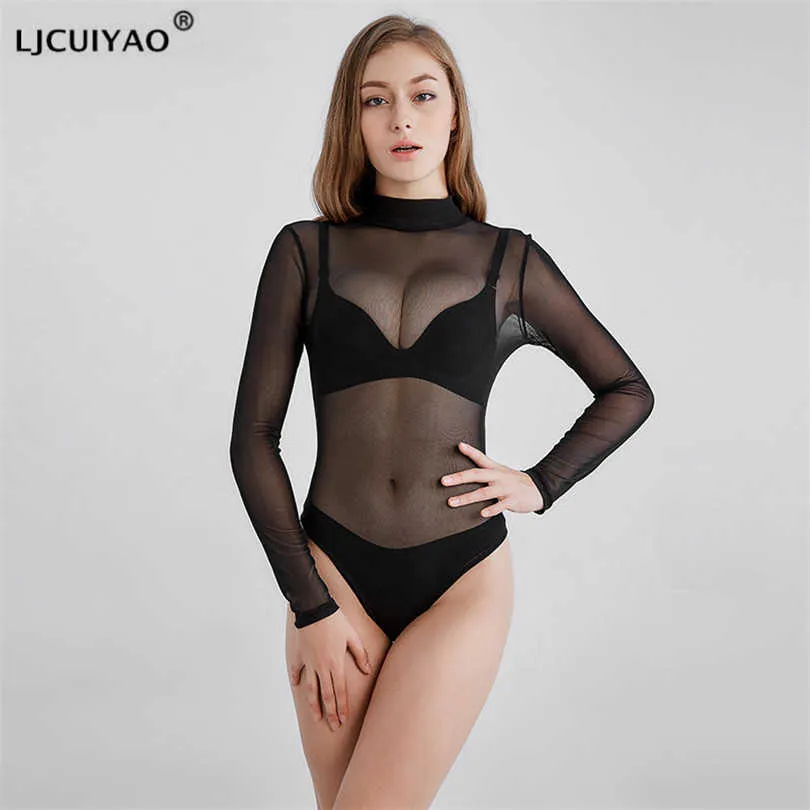 LJCUIYAO Langarm Mesh Spitze Bodysuit High Neck Skinny Warm Bodysuit Herbst Winter Frauen Schwarz Sexy Slim Fit Body Anzug Kleidung Y0927