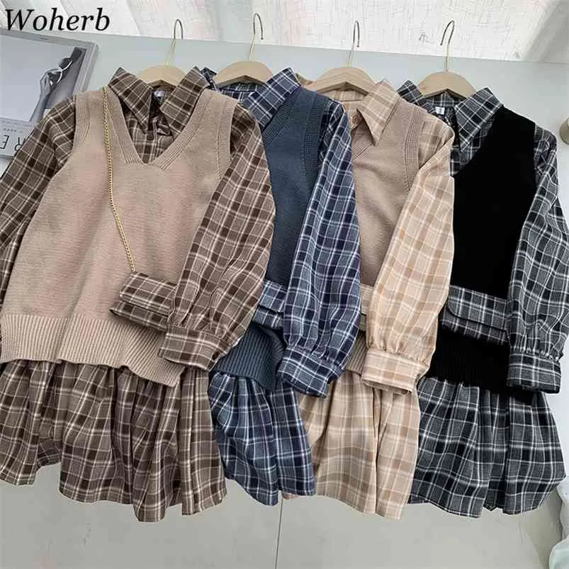 Wohreb Rétro Plaid Lâche Chemise Mini Robe Plissée + Gilet Tricoté + Sac 3 Pièces Ensemble Femmes Automne Élégant Tenues Costume Coréen 210730