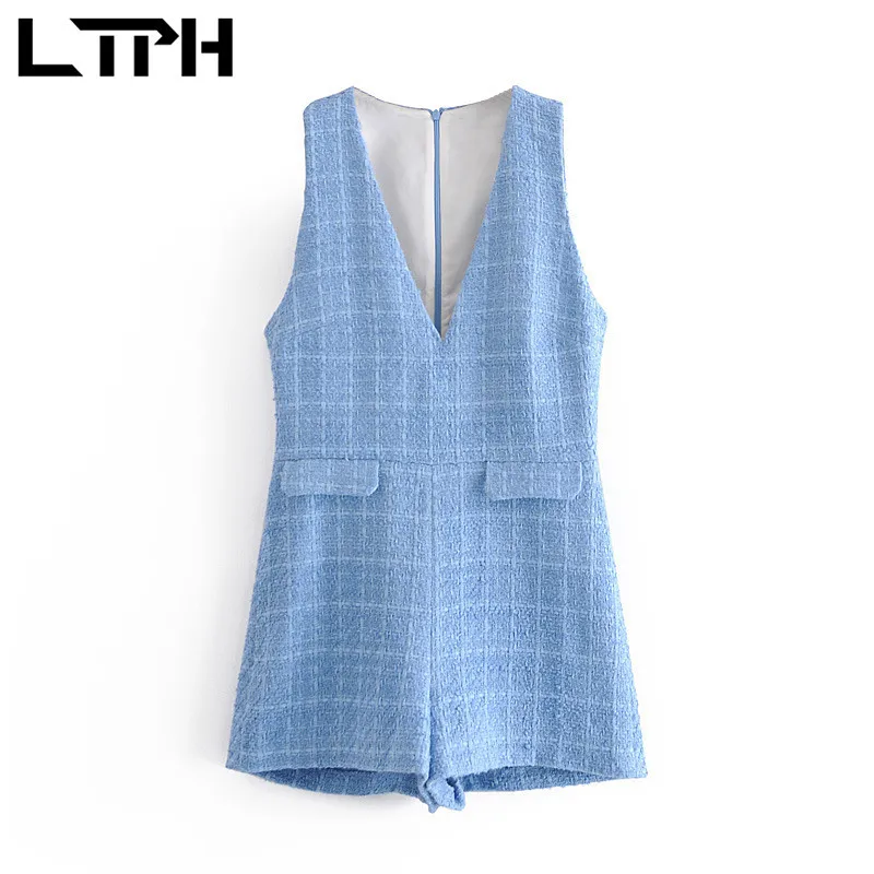 Anglia Styl Blue Plaid Tekstury Kombinezon Kobiety V-Neck Bez Rękawów Krótkie Zipper Playes Elegance Pacy Spring 210427