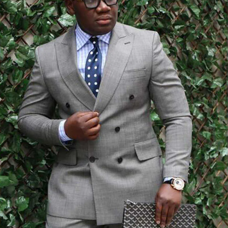 Double Breasted Grey Men Tute Slim Fit 2 Piece Business Wedding Tuxedo per sposo personalizzato uomo africano uomo moda vestiti giacca pantalone x0909