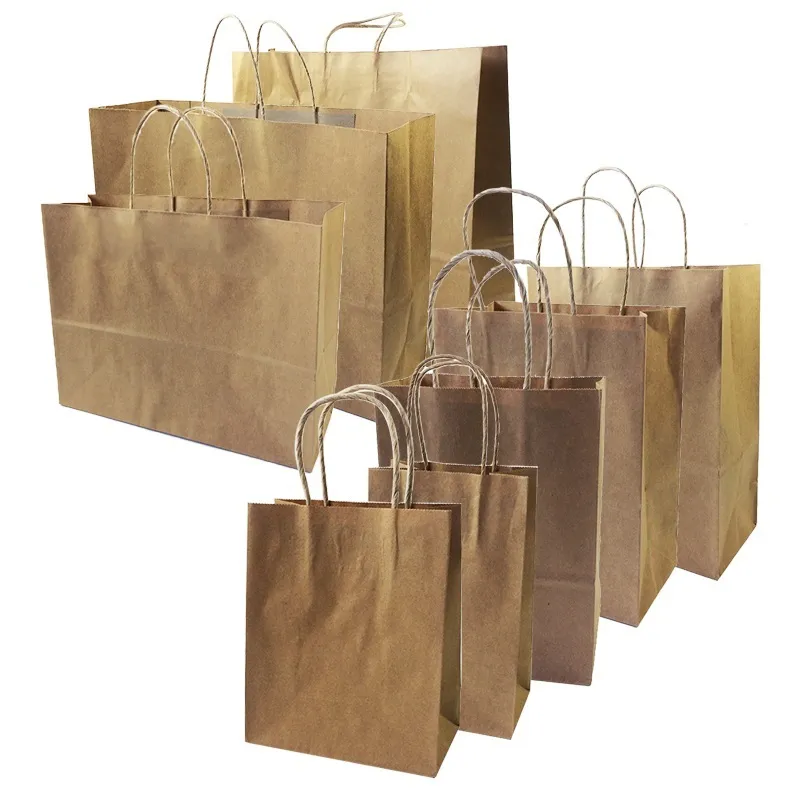 10 pcs / lote grande bolsa de papel kraft com alças saco reciclável para sapatos de roupas elegantes Lojas de presentes 8 tamanho cor de vaca 210323