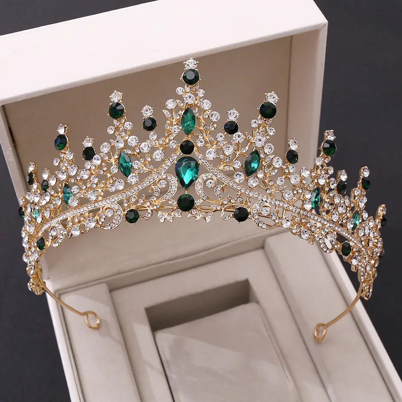 Tiara De Corona Barroca Para Mujer - Corona De Cristal Verde Dorado, Para Bodas, Fiestas Y Eventos (15x15x6.7 Cm)