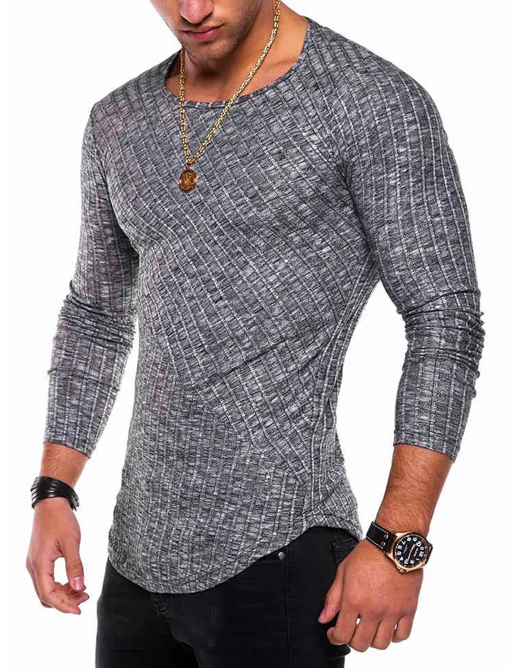 Casual Men's O-Neck Slim Fit Bodybuilding Men T-tröja Mode Knittwear Pullover Långärmad Man Tshirts Dropshipping Y0323