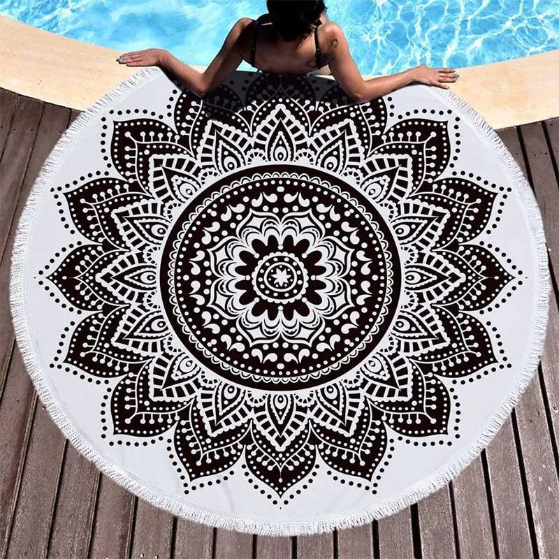 Round Beach Towel Mandala Microfiber Geometry Terry Thick With Tassels Round Beach Blanket Picnic Throw Yoga Mat Ultra Soft 59 Inch