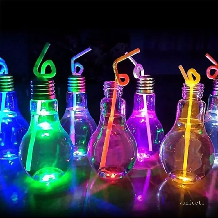 LED Light Bulb Water Bottle Plastic Milk Juice Waters Bottle Disposable Leak-proof Drink Cup With Lid Creative Drinkware By Sea T2I52150