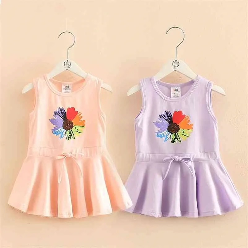 Sommer 2 3 4-10 Jahre Kinder Baumwolle Malerei Cartoon Große Blumendruck Taille Kordelzug Kinder Mädchen Blume Ärmelloses Kleid 210701