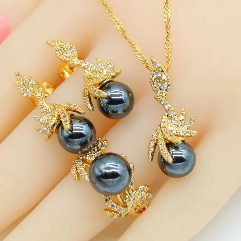 2021 New Black White Pearl Gold Color Jewelry Set for Women Wedding Earrings Necklace Pendant Rings Gift Box H1022