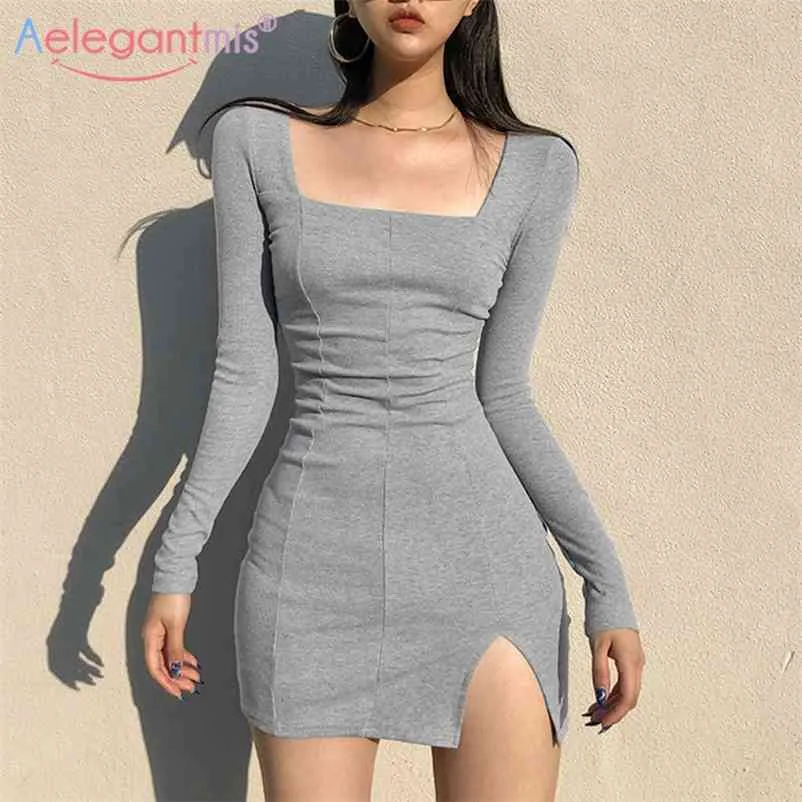 Aelegantmis Casual Split Sexy Bodycon Dress Donna Primavera maniche lunghe Slim Mini femminile Chic colletto quadrato 5 colori 210607