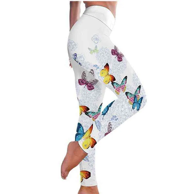 Butterfly Printed Yoga Pants High Waist Yoga Leggings Sport Women Fitness Woman Pants Flowers Letters White Tights Trousers H1221