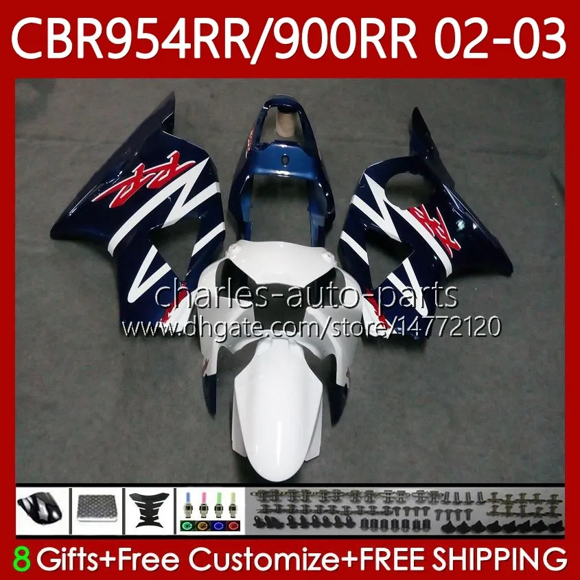 Kropps kit för Honda CBR954-RR CBR900RR 2002-2003 Bodywork 61NO.129 CBR954RR CBR954 CBR900 CBR 900 954 RR CC 900CC 2002 2003 CBR 954RR 900RR Vitblå 02 03 Fairings