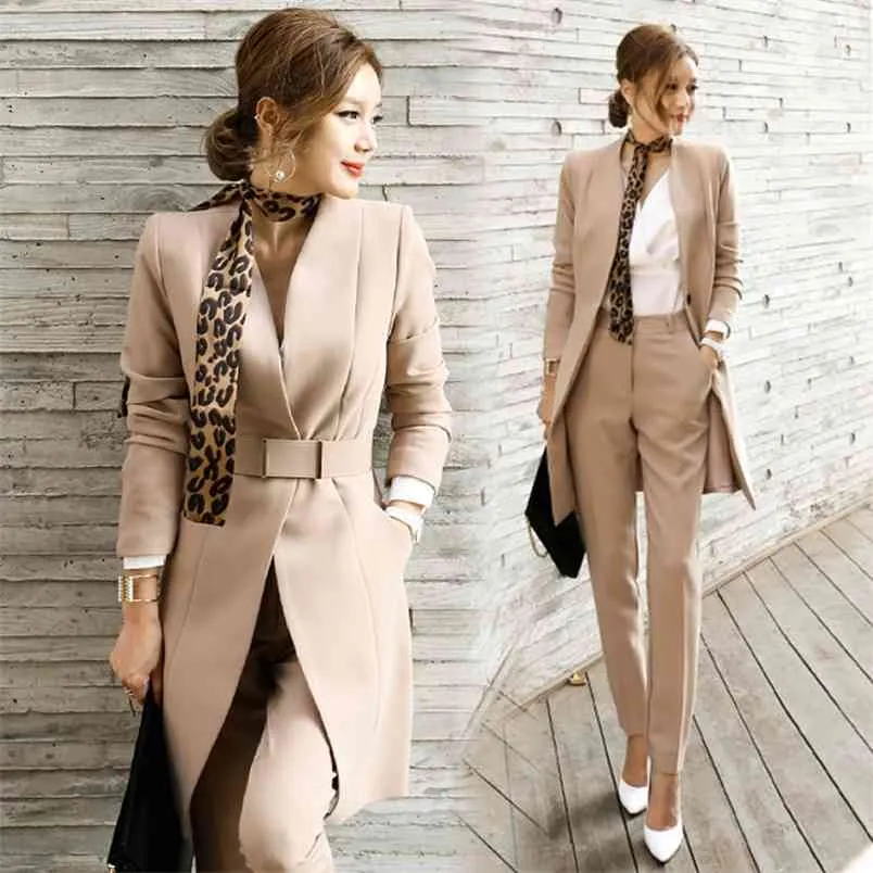 Hosenanzüge für Frauen Blazer Set Herbst Dame Business Büroarbeit Koreanischer Stil Uniform V-Ausschnitt Lange Jacke Elegante Hosen 210519