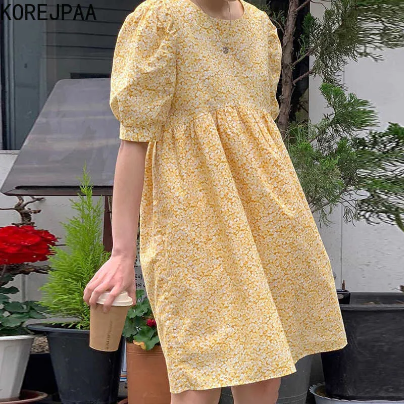 Korejpaa Women Dress Summer Korean Chic Girls Fresh Sweet Round Neck Full Screen Floral Loose All-Match Puff Sleeve Vestido 210526