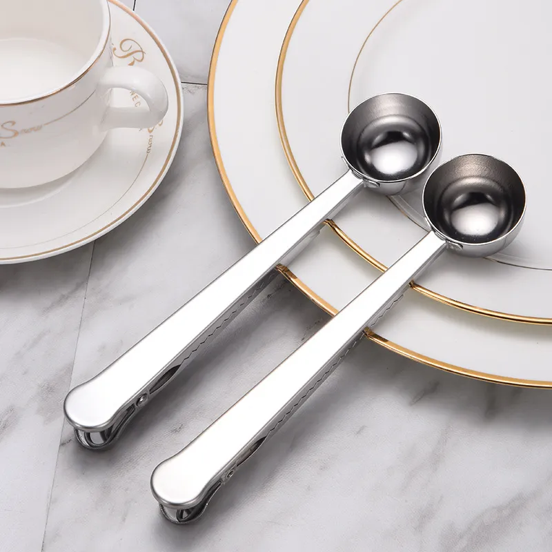 Useful Coffee Tea Tool Stainless Steel Cup Ground Coffee Measuring Scoop Spoon with Bag Sealing Clip DH8799