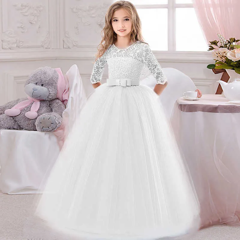 Long Casual Summer Sukienka Nastolatki Dziewczyny Kostium Koronki Dzieci Odzież Princess Party Kwiat Dzieci Ubrania Ślub 10 12 Vestidos Q0716