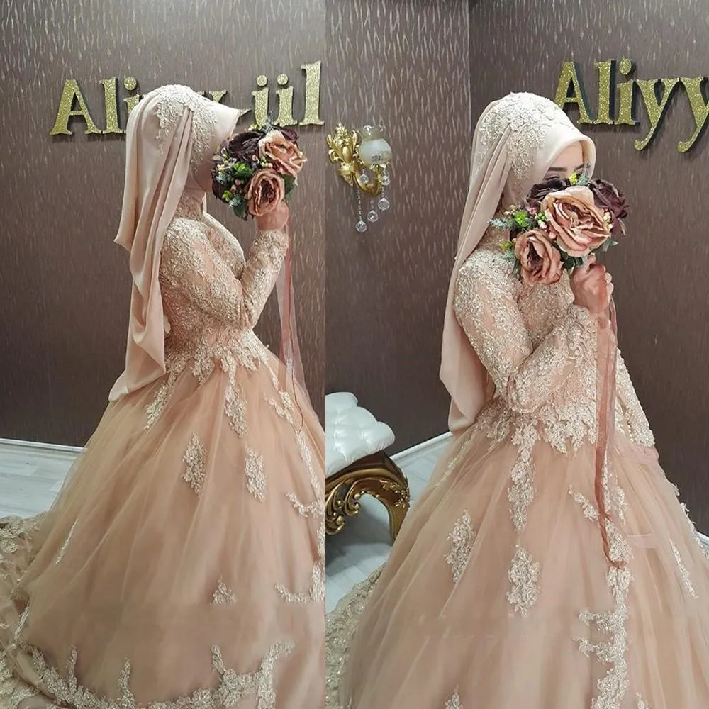 Blush roze moslim trouwjurken bruidsjurk 2021 lange mouwen kanten applique kristallen hoge nek sweep trein op maat gemaakte vestido de novia