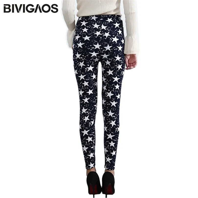 Bivigaos Spring Summer Womensファッションブラックミルク薄いストレッチレギンス色の星落書きスリムスキニーレギンスパンツ女性211221