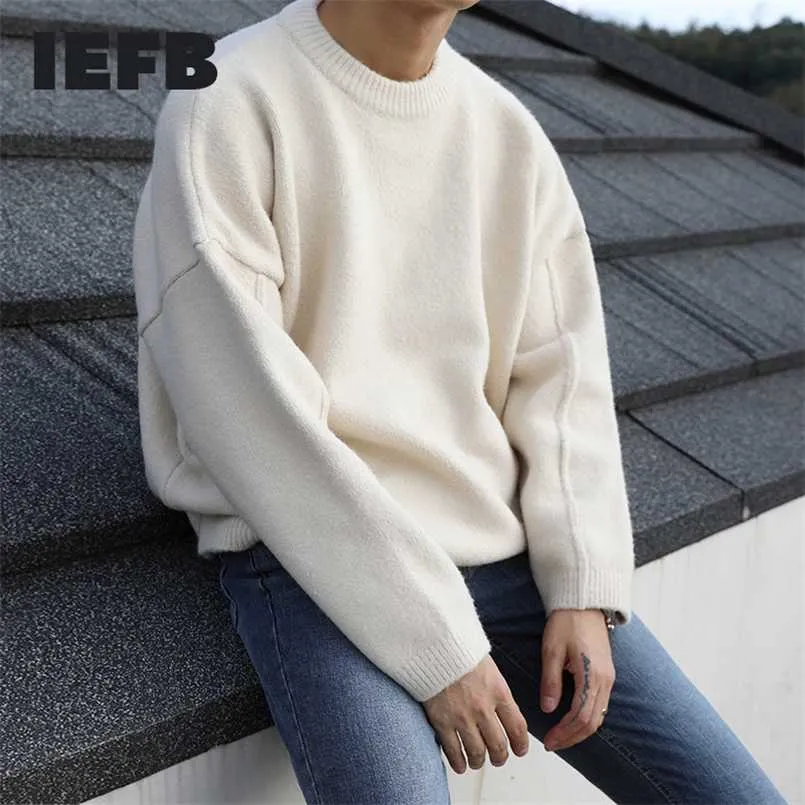 IEFB / desgaste masculino suéter outono e inverno solto All-Match estilo coreano vintage oversize kintted camisola redonda colarinho pullover 211006