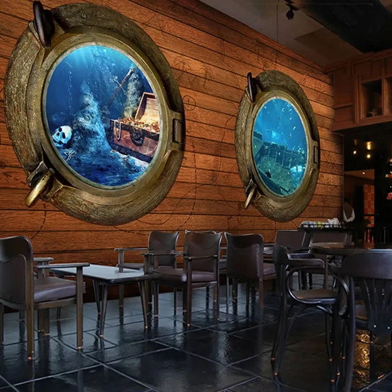 Retro Pirate Wood Mural Chinoiserie Wallpaper Customizable 3D